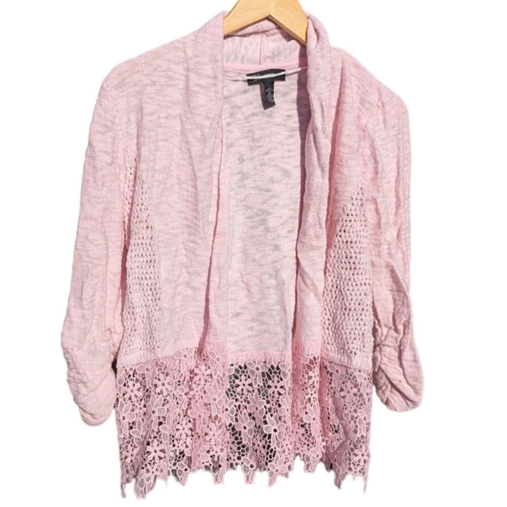 Pink Fairy Cottage Girly Coquet Knit Open Front Cardigan Sweater L Lace Bottom